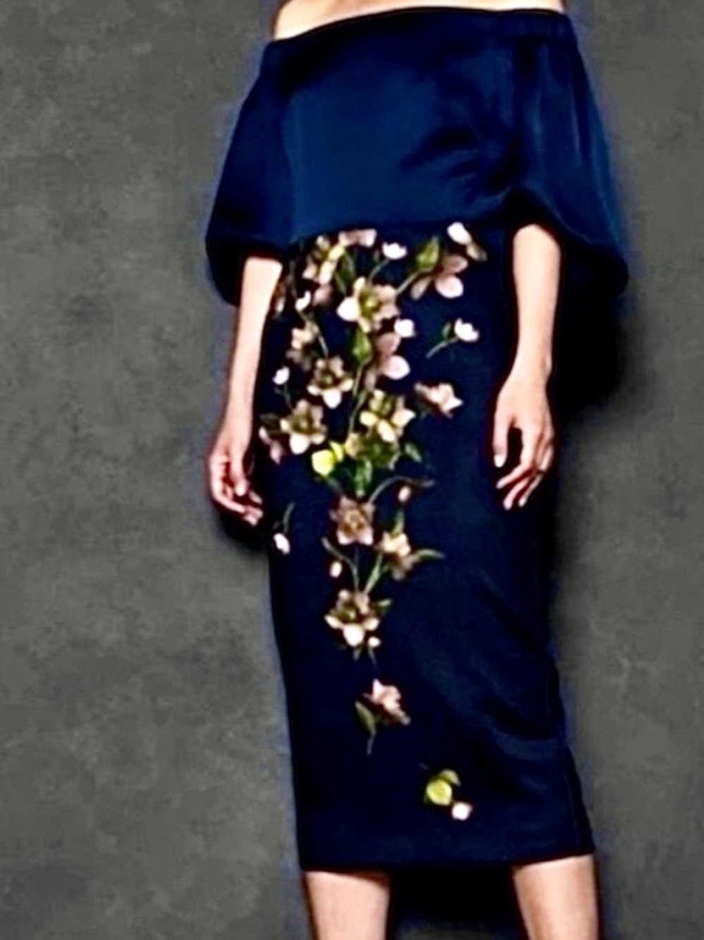 Ted Baker London Navy Off-Shoulder Midi Dress with Floral Embroidery